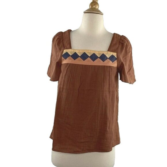 Madewell Womens $80 Patchwork Square Neck Top Burnt Clay Size XXS AK024 - Picture 2 of 5